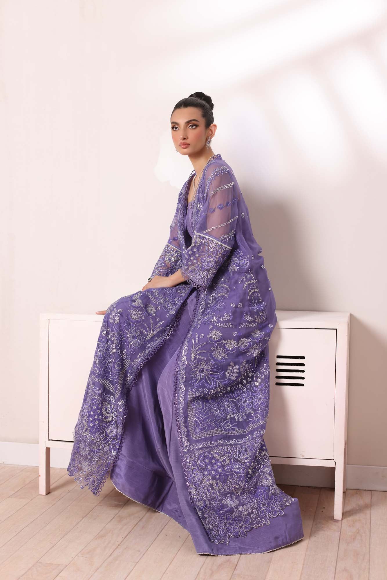 Lavender Sequin Embroidered Chiffon Salwar Kameez (3-Piece) - Image 6