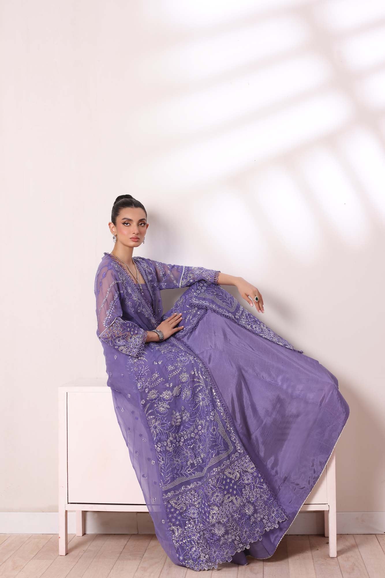 Lavender Sequin Embroidered Chiffon Salwar Kameez (3-Piece) - Image 8