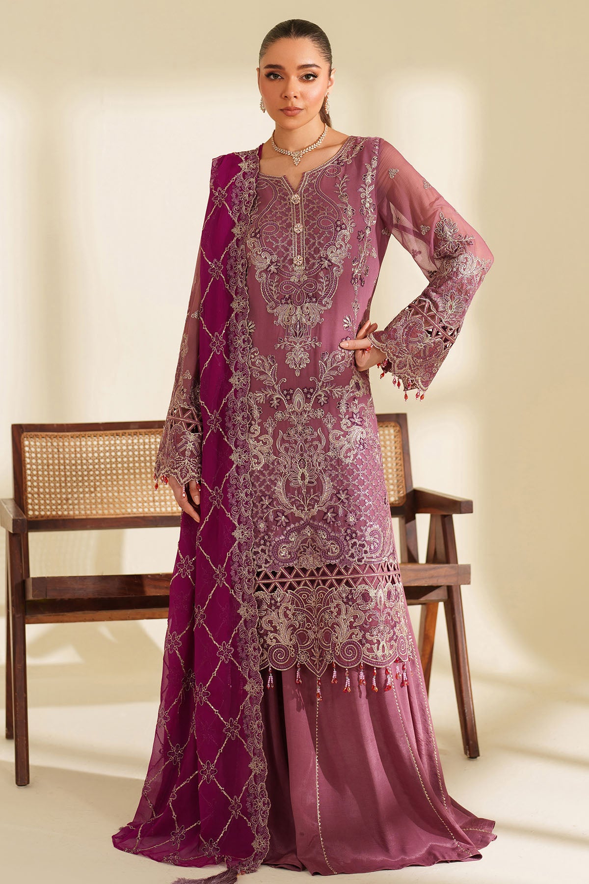 Plum Embroidered Chiffon & Organza 3-Piece Suit - Image 1
