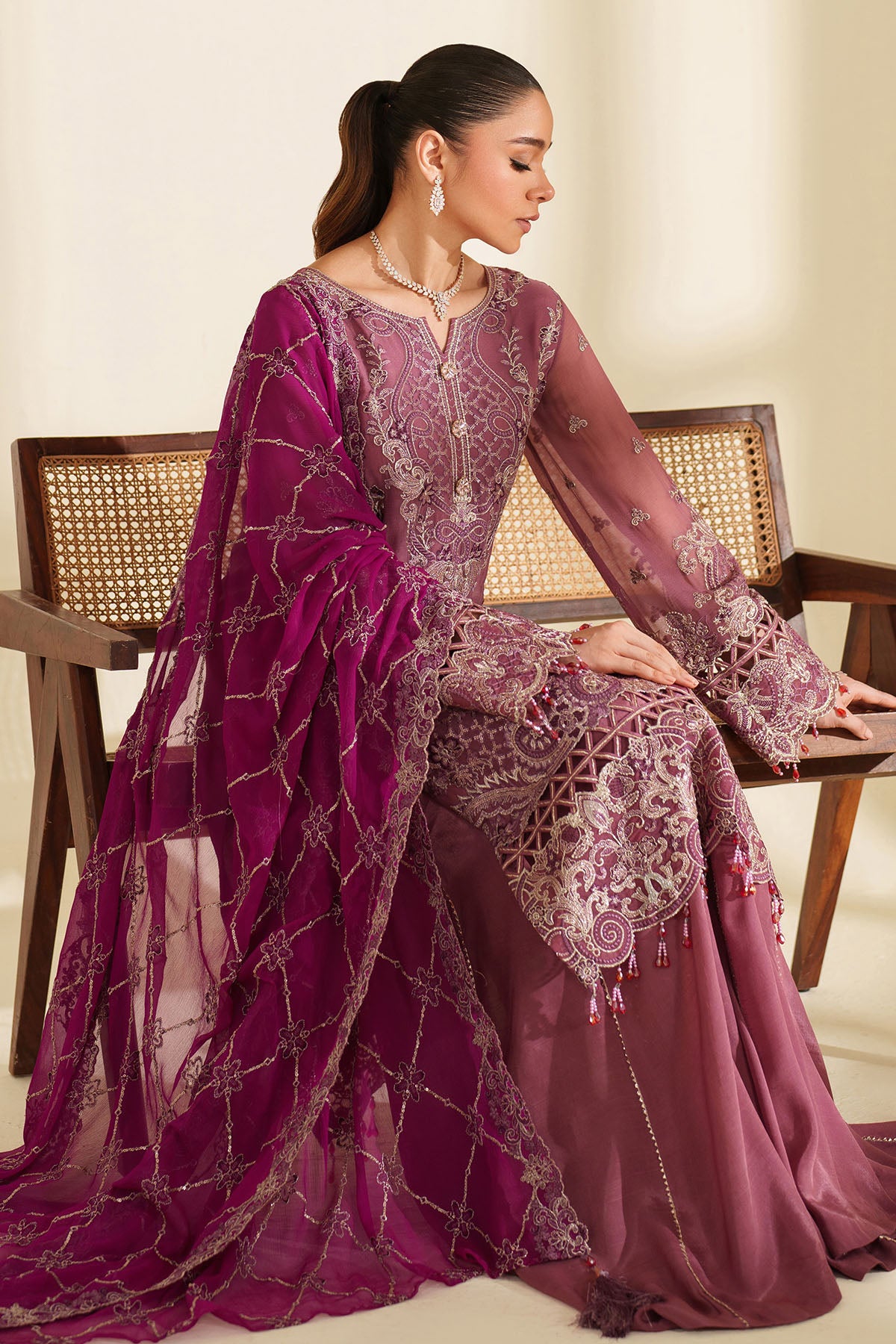 Plum Embroidered Chiffon & Organza 3-Piece Suit - Image 2