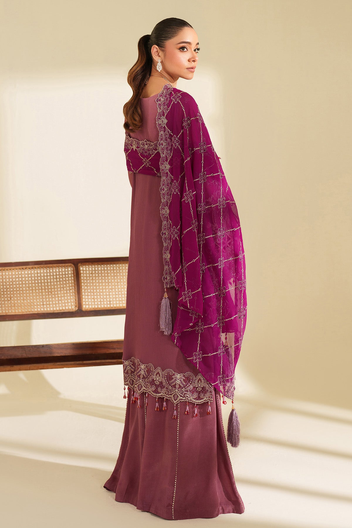 Plum Embroidered Chiffon & Organza 3-Piece Suit - Image 3