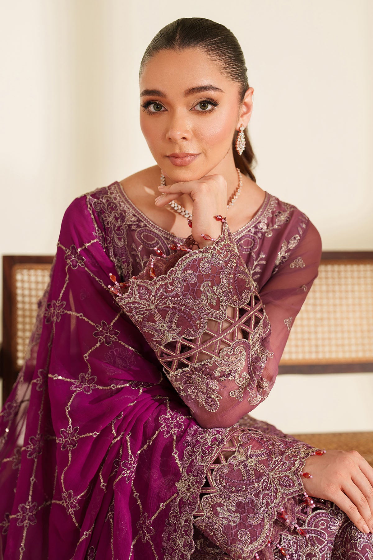 Plum Embroidered Chiffon & Organza 3-Piece Suit - Image 4