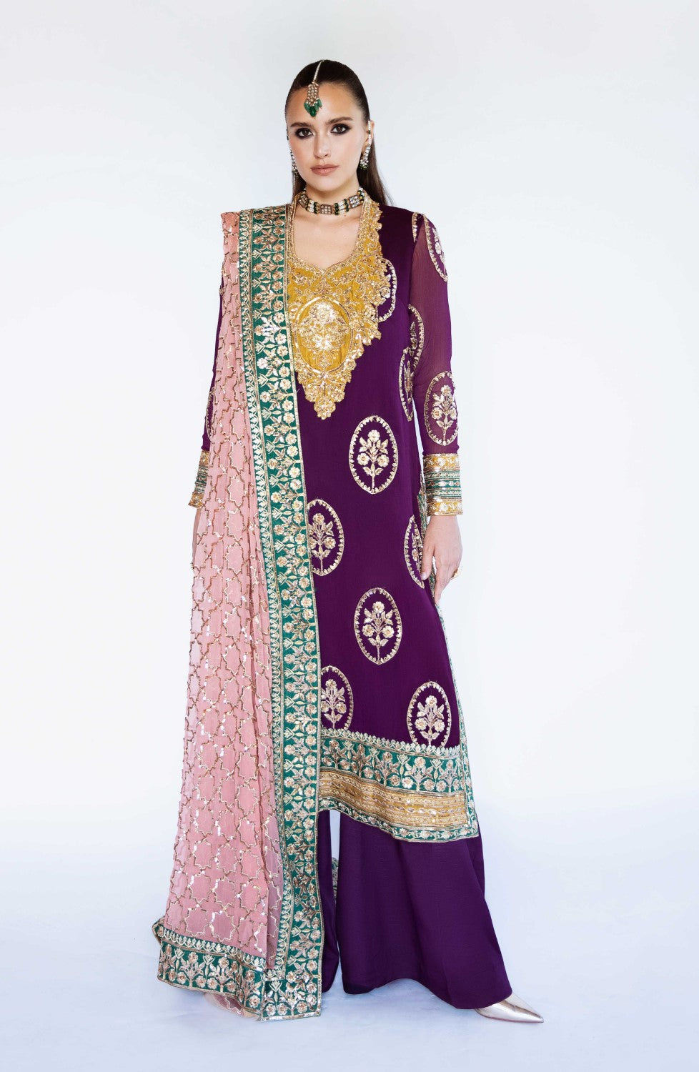 Pakistani Plum Embroidered Chiffon 3-Piece Suit - Image 3