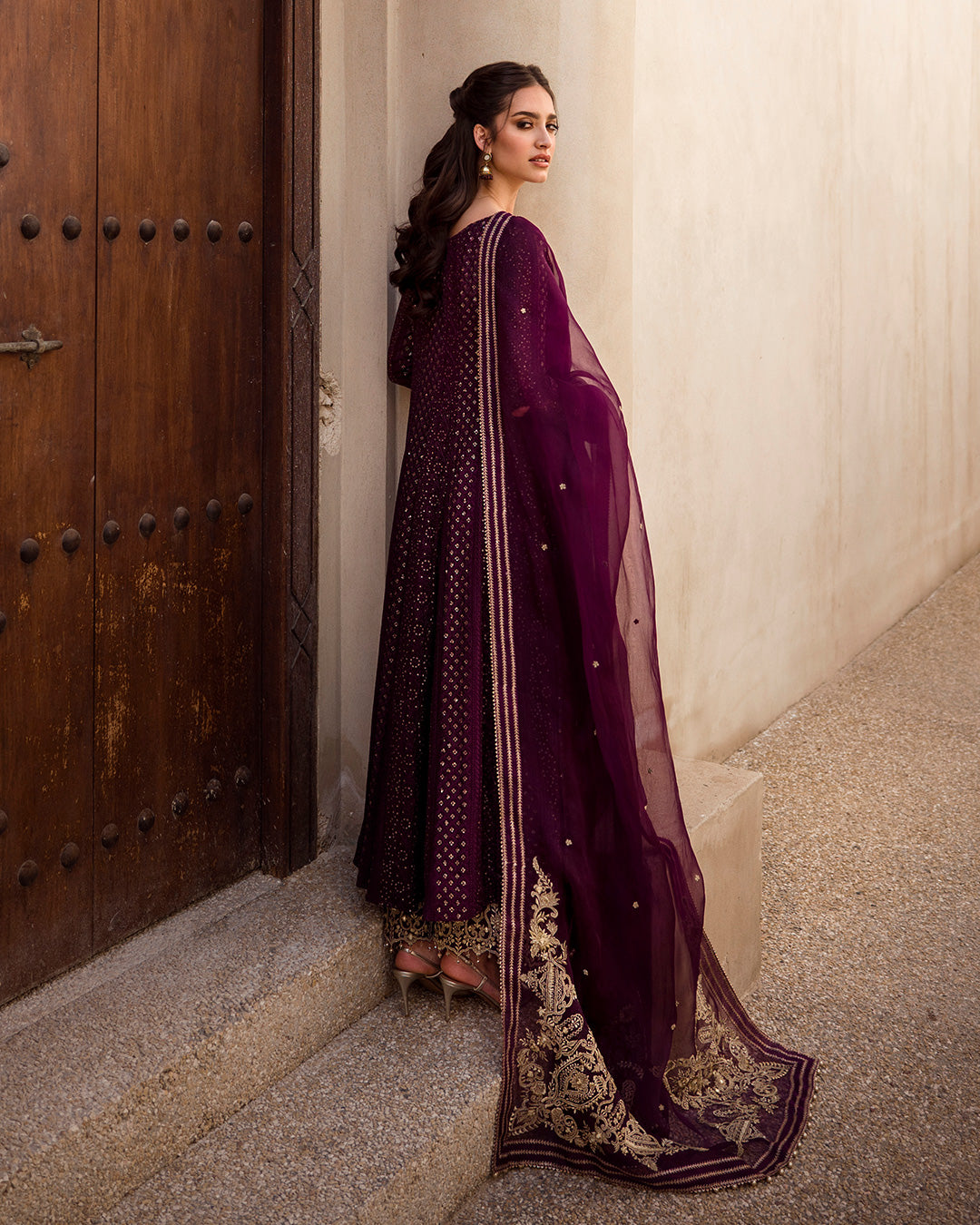 Pakistani Aubergine Tilla Embroidered Chiffon & Organza 3-Piece - Image 3