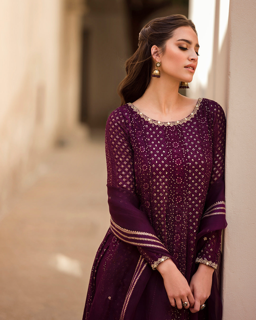Pakistani Aubergine Tilla Embroidered Chiffon & Organza 3-Piece - Image 4
