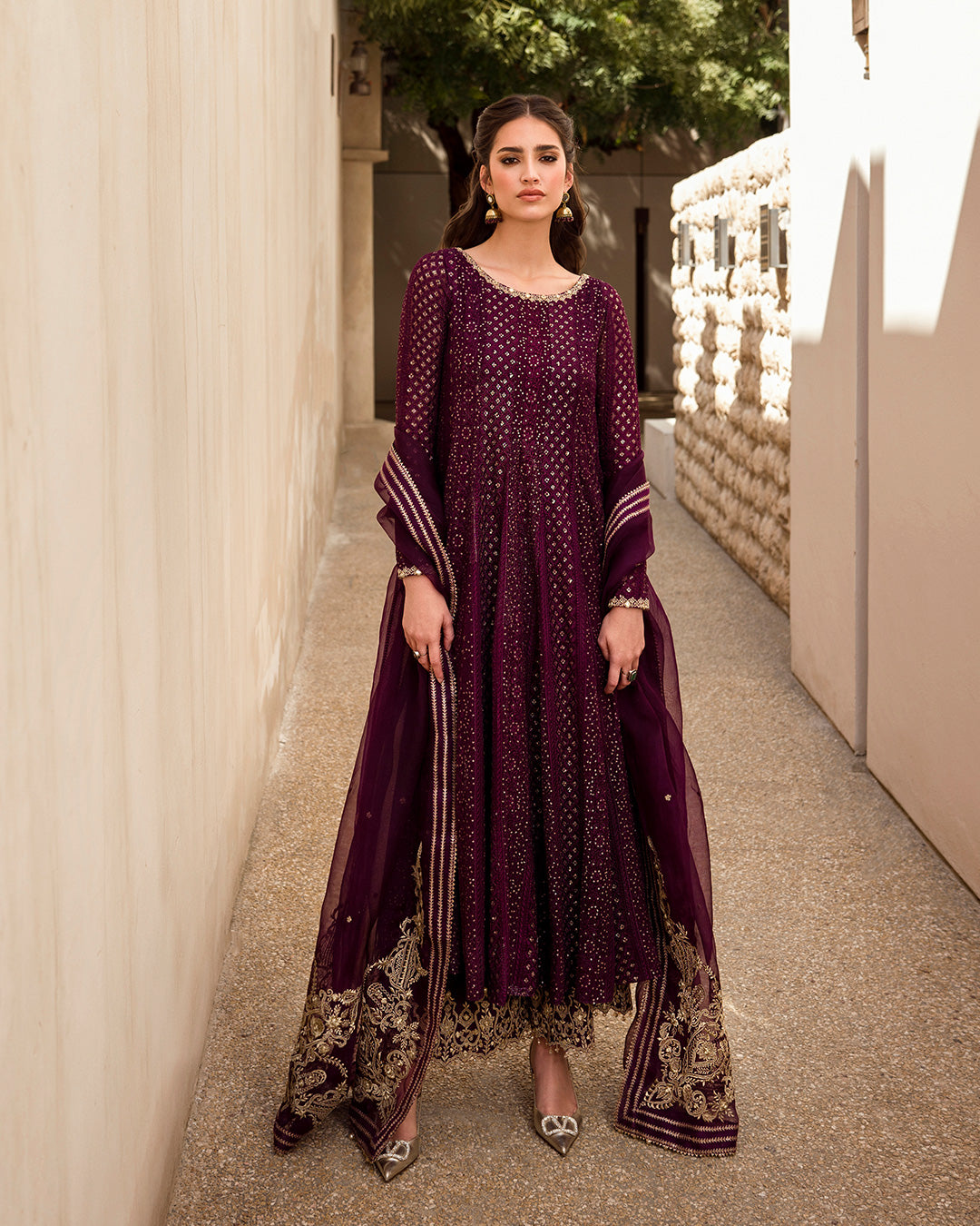 Aubergine Tilla Embroidered Chiffon & Silk Salwar Kameez (3-Piece) - Image 1
