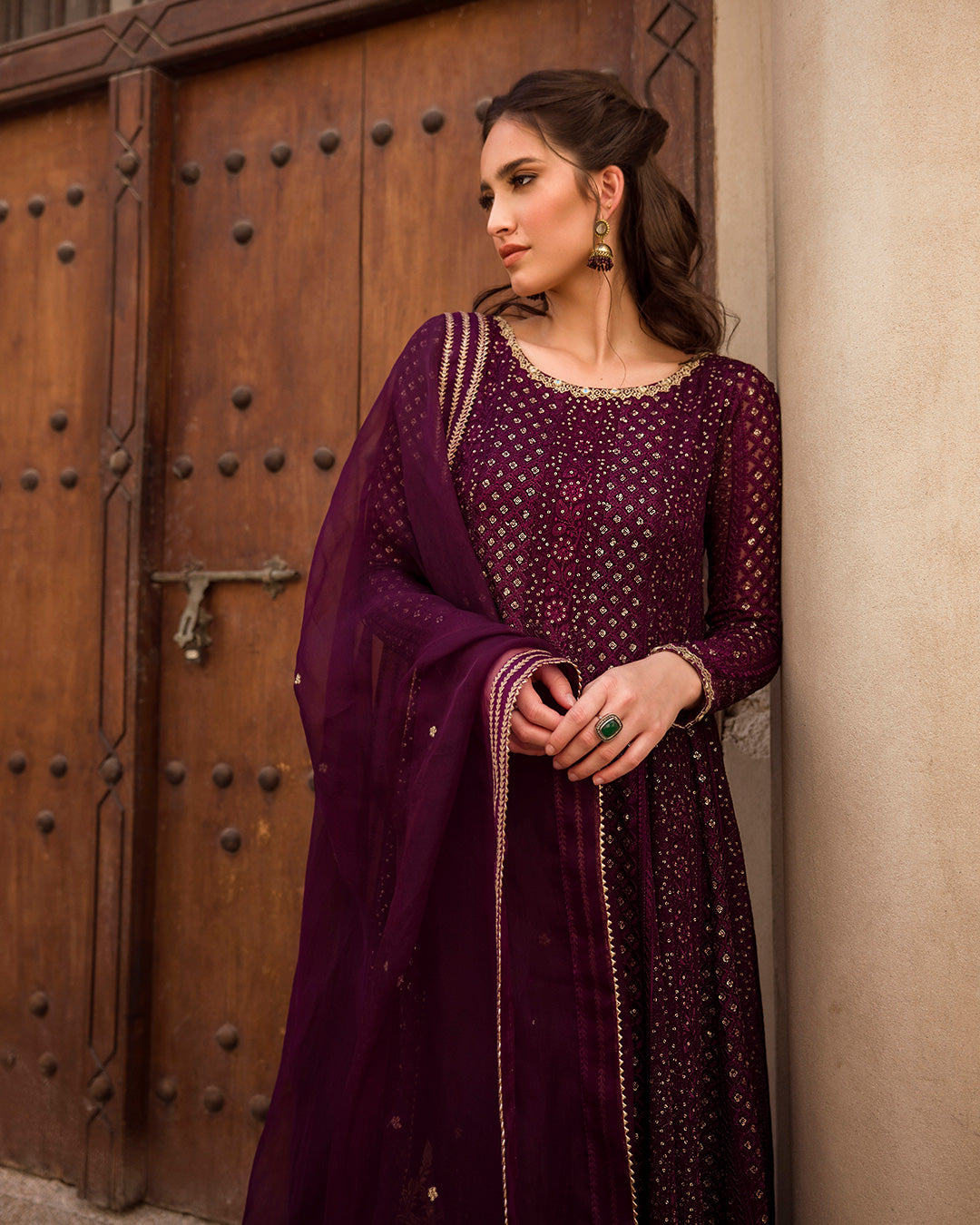 Aubergine Tilla Embroidered Chiffon & Silk Salwar Kameez (3-Piece) - Image 2