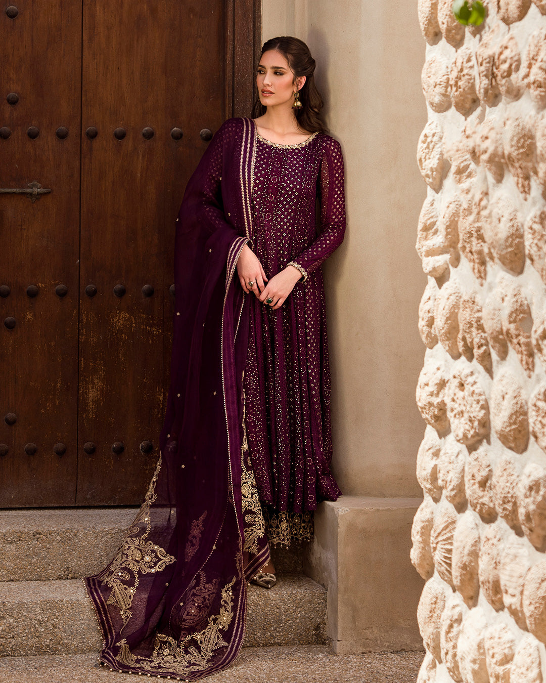 Aubergine Tilla Embroidered Chiffon & Silk Salwar Kameez (3-Piece) - Image 5