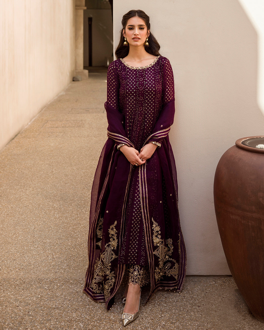 Aubergine Tilla Embroidered Chiffon & Silk Salwar Kameez (3-Piece) - Image 6