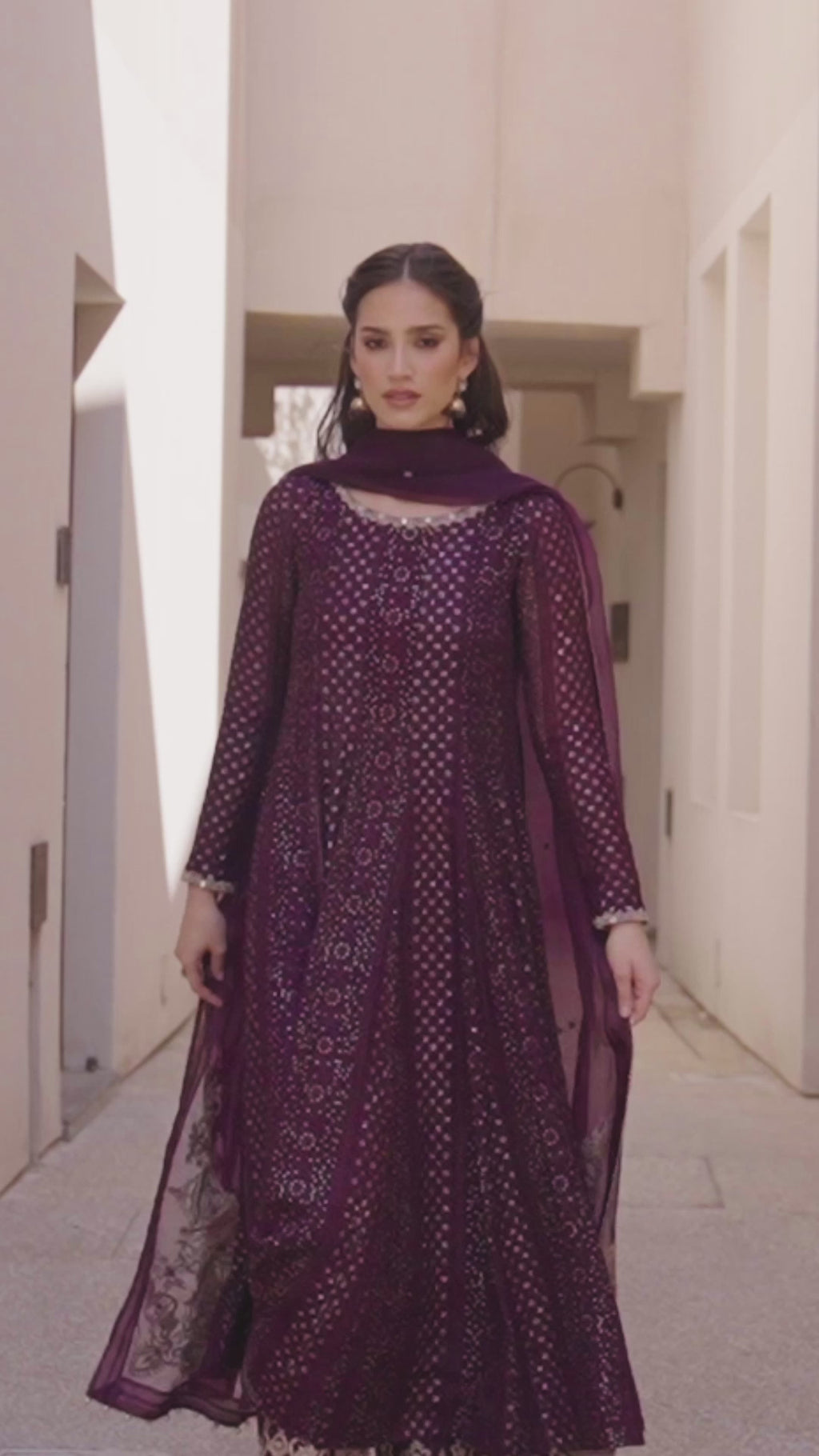 Aubergine Tilla Embroidered Chiffon & Silk Salwar Kameez (3-Piece) - Image 7