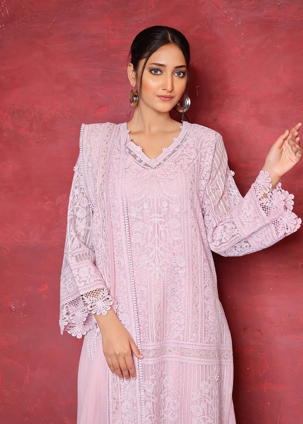 Lilac Chikan Embroidered Cotton Net Salwar Kameez (3-Piece) - Image 2