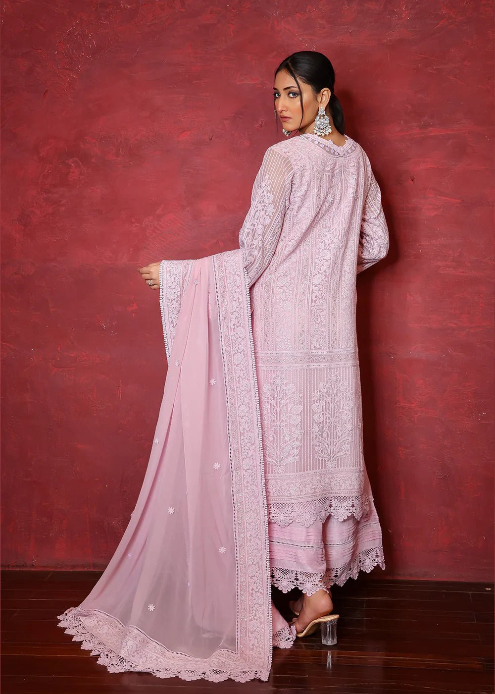 Lilac Chikan Embroidered Cotton Net Salwar Kameez (3-Piece) - Image 3