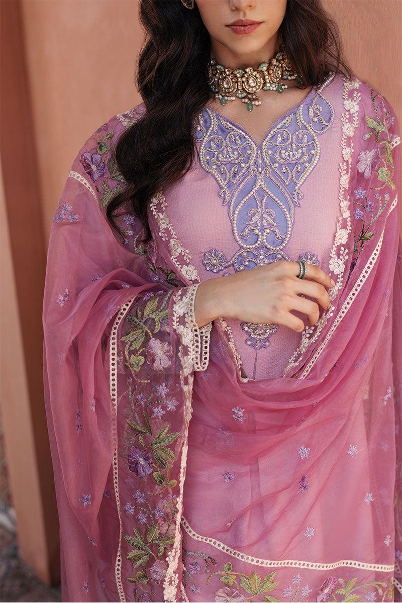 Lavender Embroidered Cotton Net Salwar Kameez (3-Piece) - Image 3