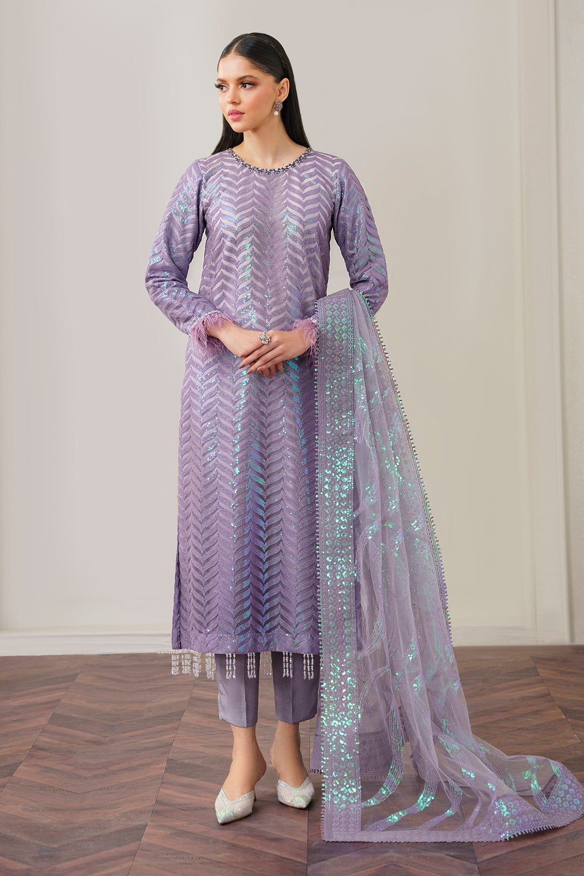 Pakistani Lavender Embroidered Net Salwar Kameez (3-Piece) - Image 1