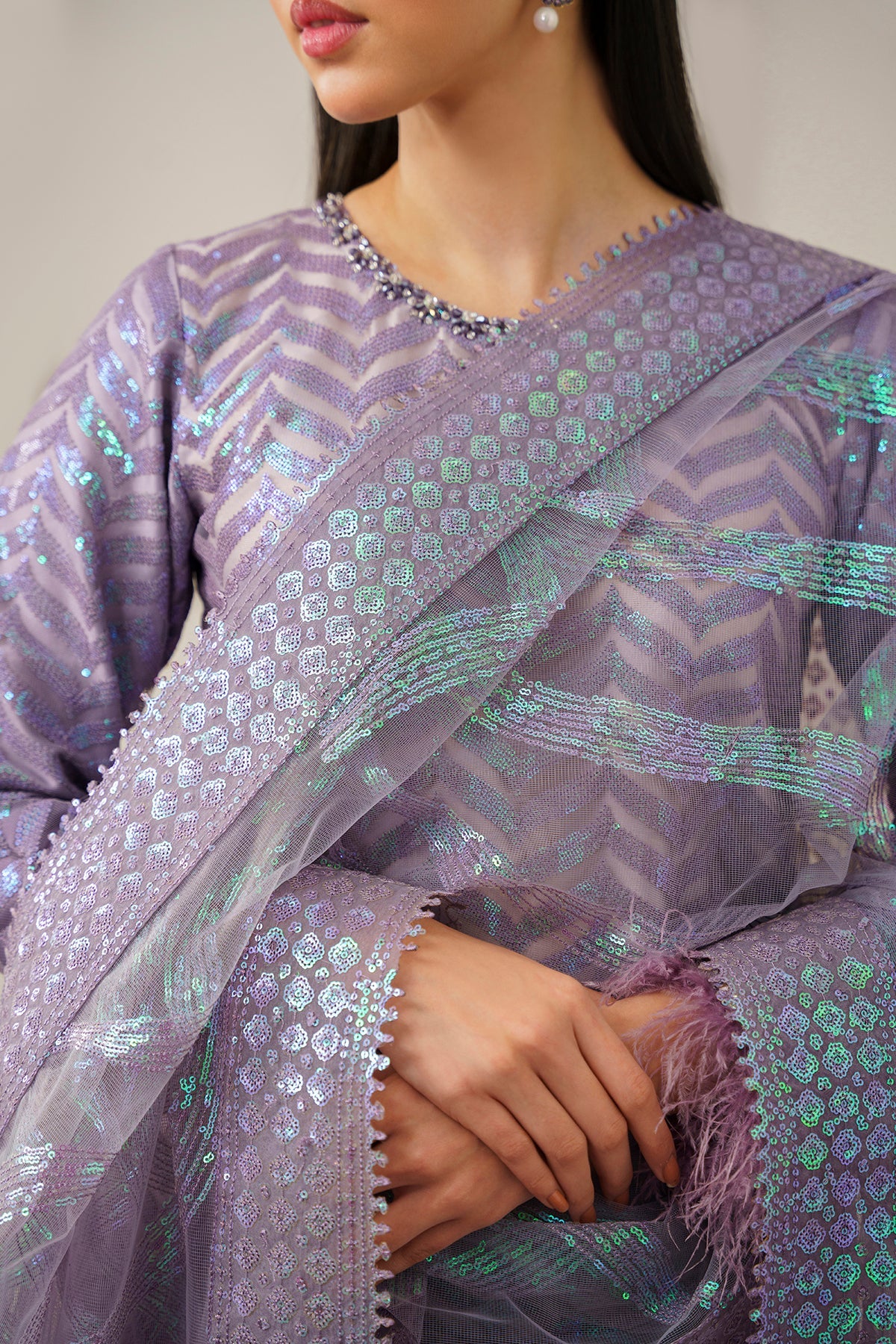 Pakistani Lavender Embroidered Net Salwar Kameez (3-Piece) - Image 4