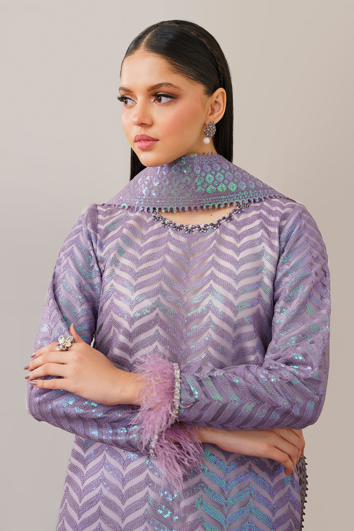 Pakistani Lavender Embroidered Net Salwar Kameez (3-Piece) - Image 6