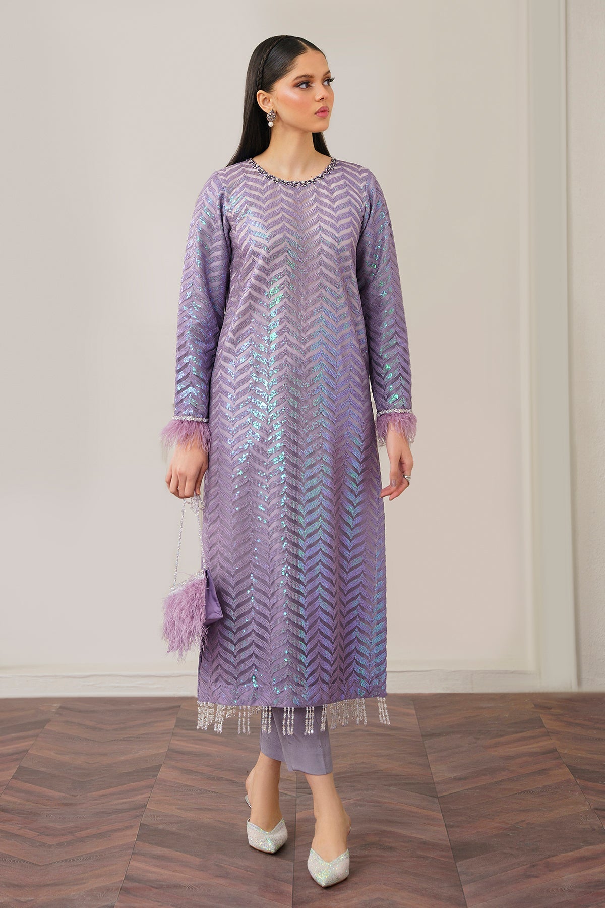 Pakistani Lavender Embroidered Net Salwar Kameez (3-Piece) - Image 7