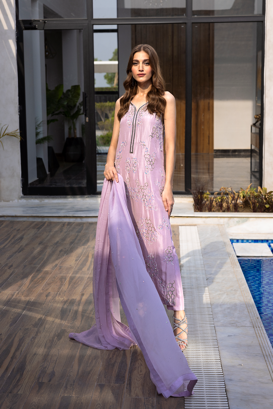 Pakistani Lilac Embellished Georgette Salwar Kameez (3-Piece) - Image 2