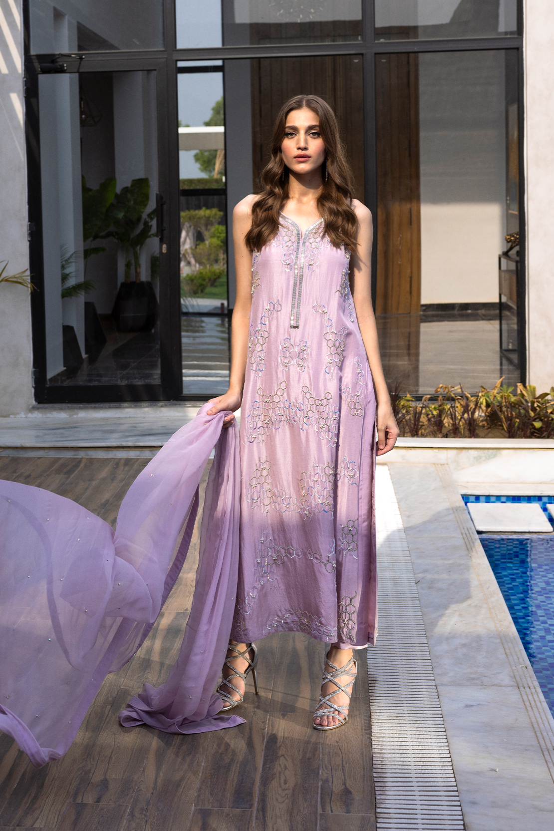 Pakistani Lilac Embellished Georgette Salwar Kameez (3-Piece) - Image 3