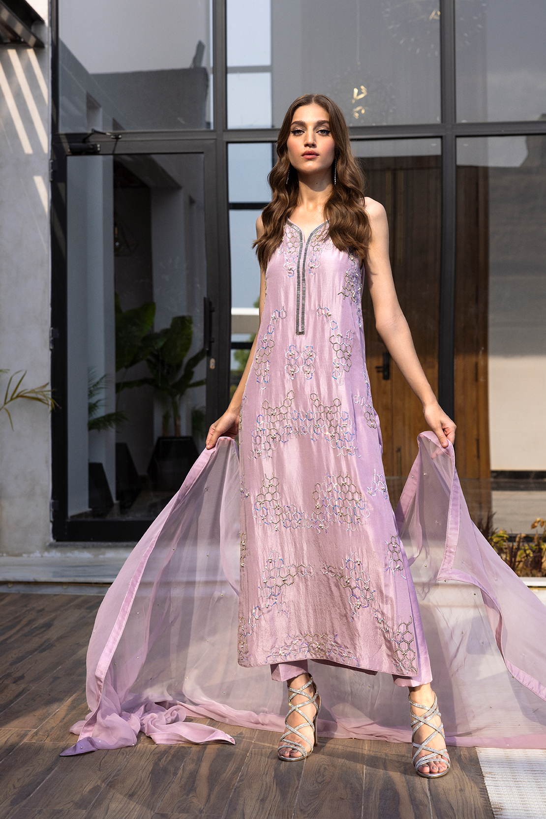 Pakistani Lilac Embellished Georgette Salwar Kameez (3-Piece) - Image 4
