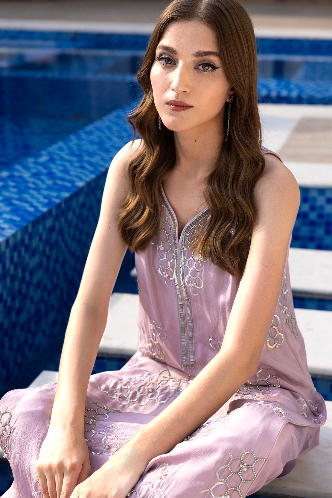 Pakistani Lilac Embellished Georgette Salwar Kameez (3-Piece) - Image 7