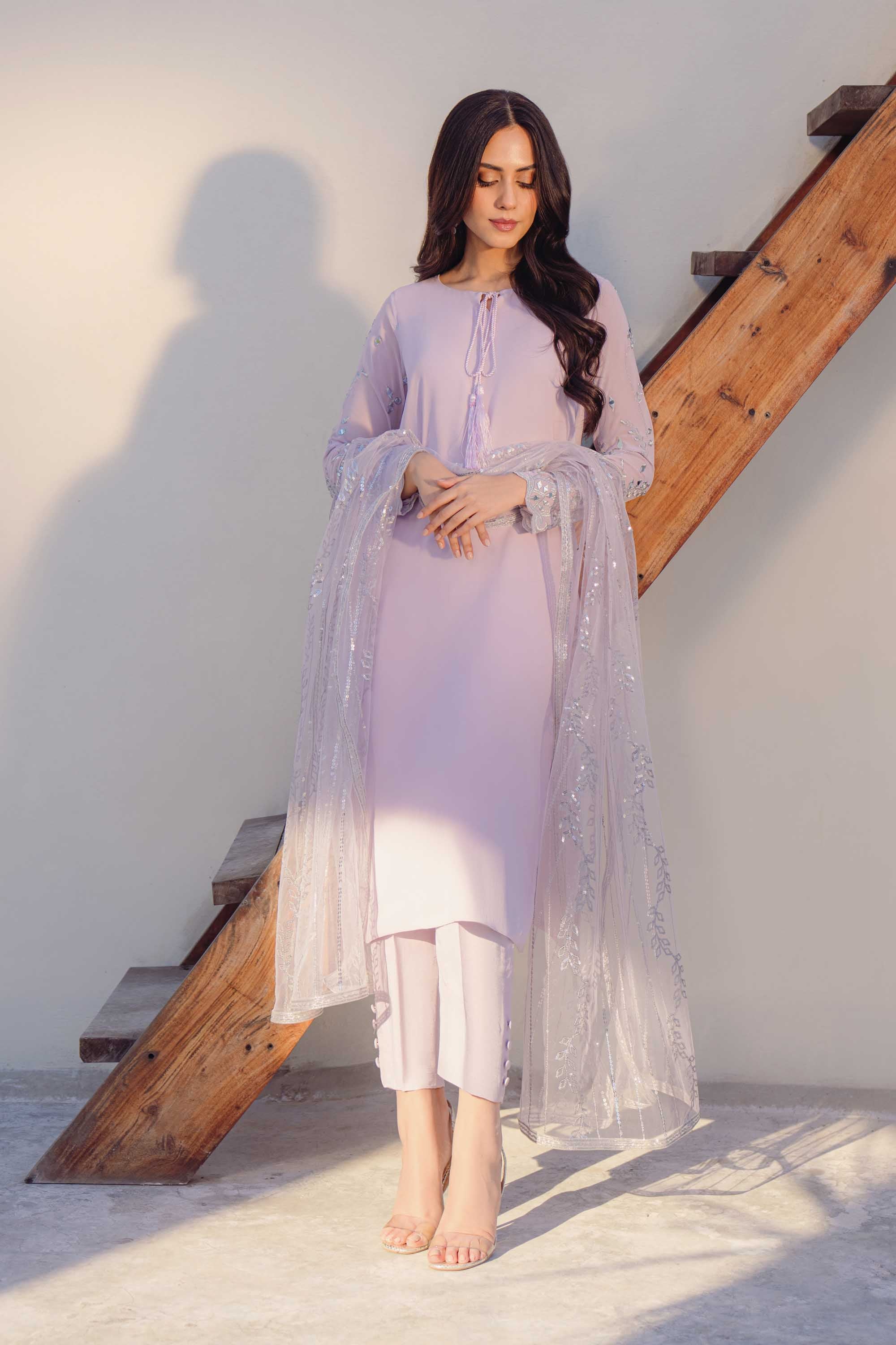 Pakistani Lilac Silver Tilla Georgette Salwar Kameez (3-Piece) - Image 6