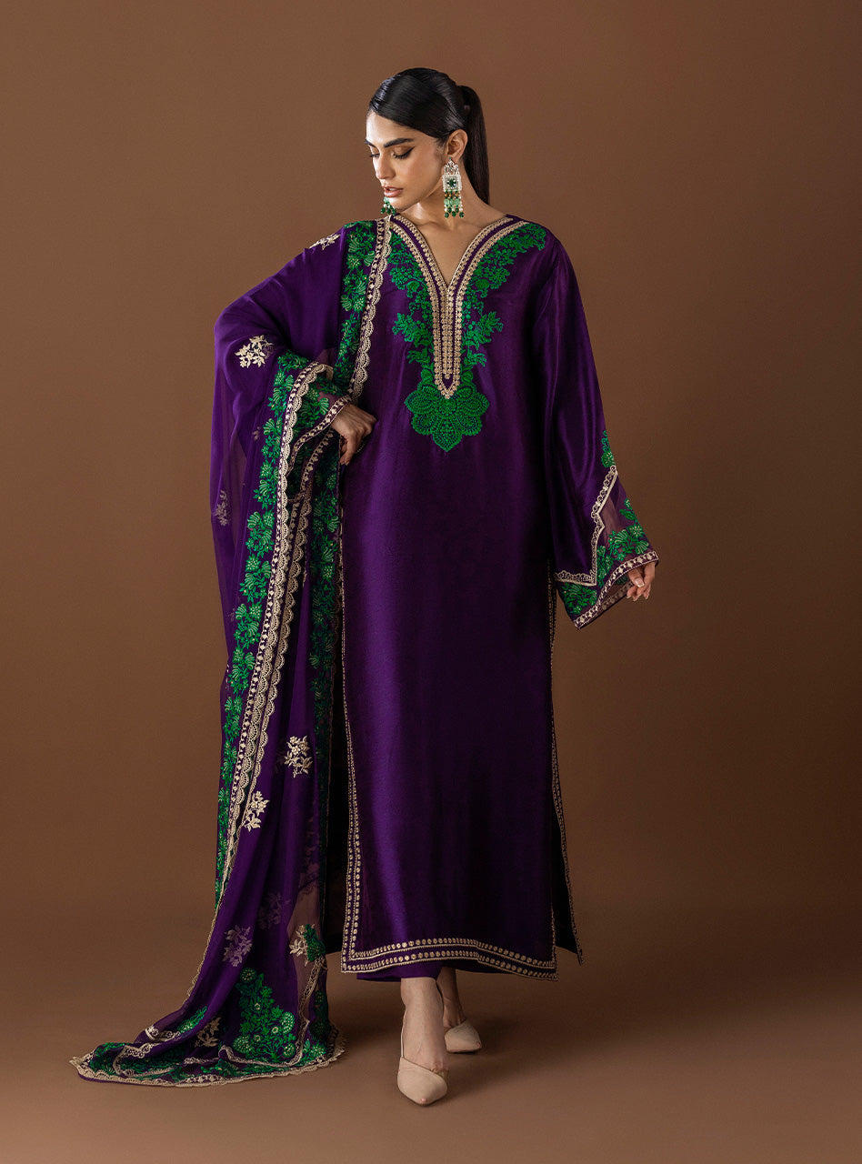 Plum Embroidered Self-Jacquard Salwar Kameez (3-Piece) - Image 1