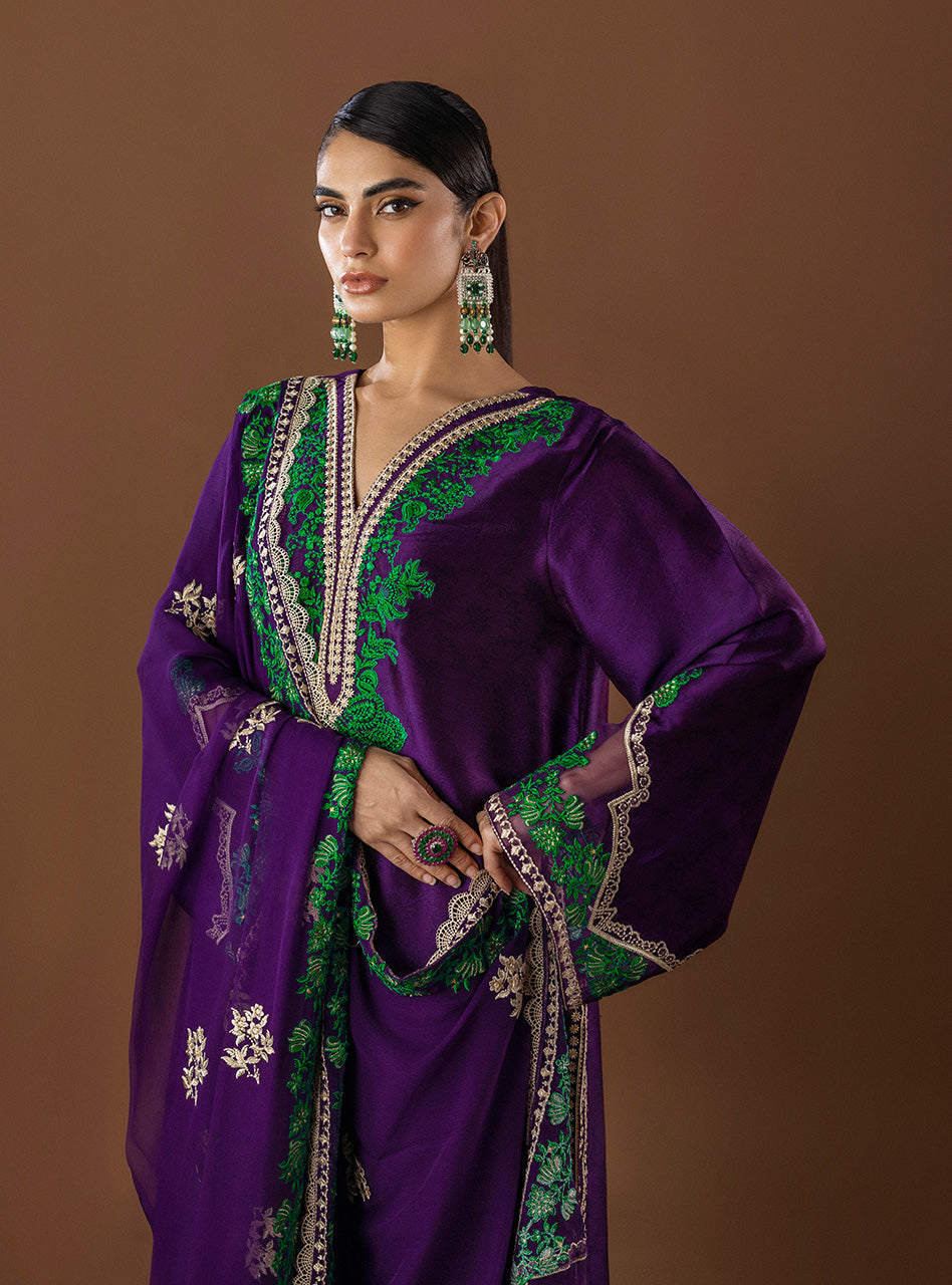 Plum Embroidered Self-Jacquard Salwar Kameez (3-Piece) - Image 2