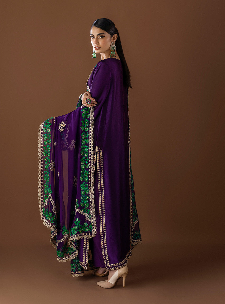 Plum Embroidered Self-Jacquard Salwar Kameez (3-Piece) - Image 3