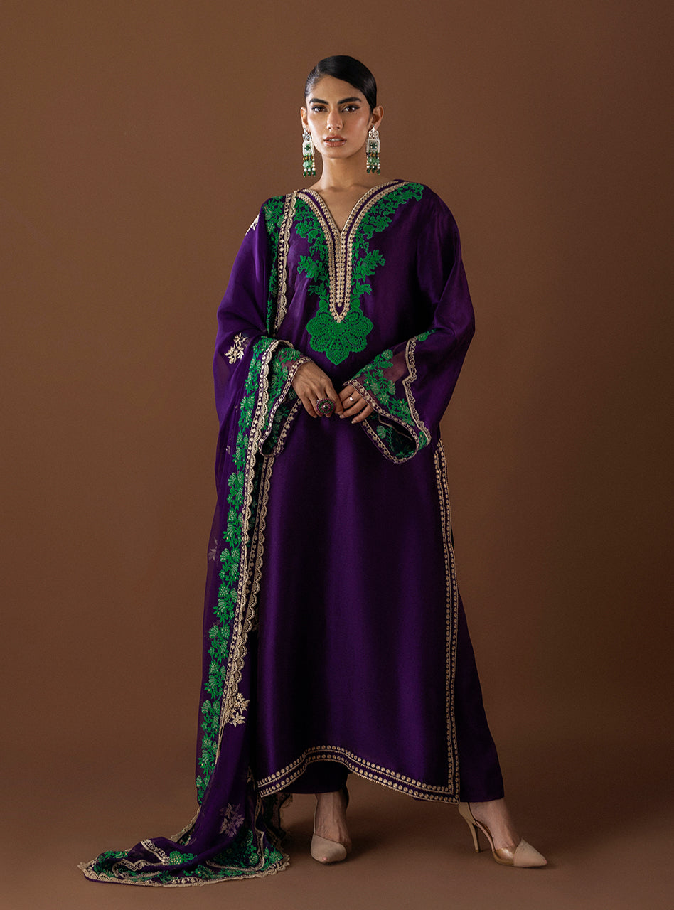 Plum Embroidered Self-Jacquard Salwar Kameez (3-Piece) - Image 4