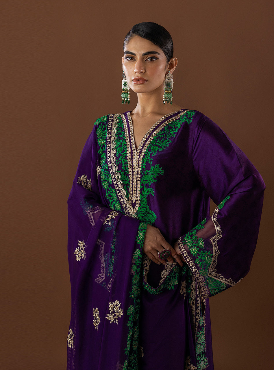 Plum Embroidered Self-Jacquard Salwar Kameez (3-Piece) - Image 6