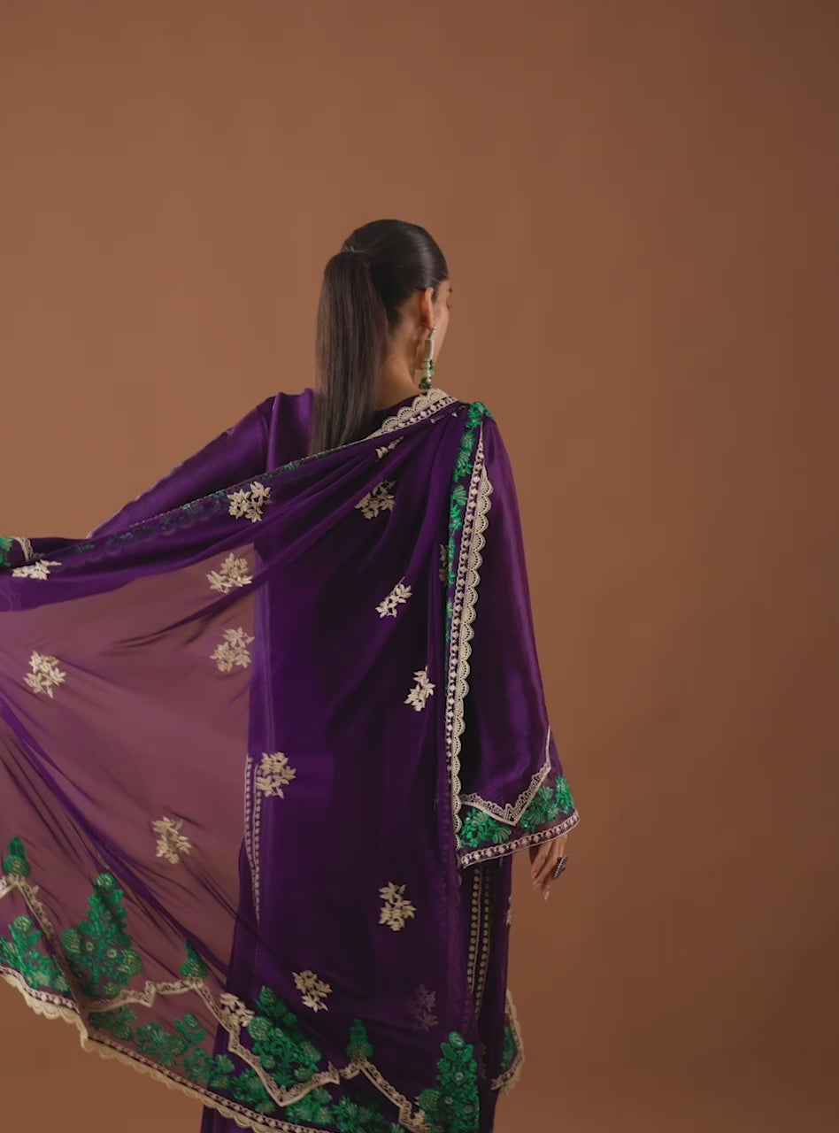 Plum Embroidered Self-Jacquard Salwar Kameez (3-Piece) - Image 8