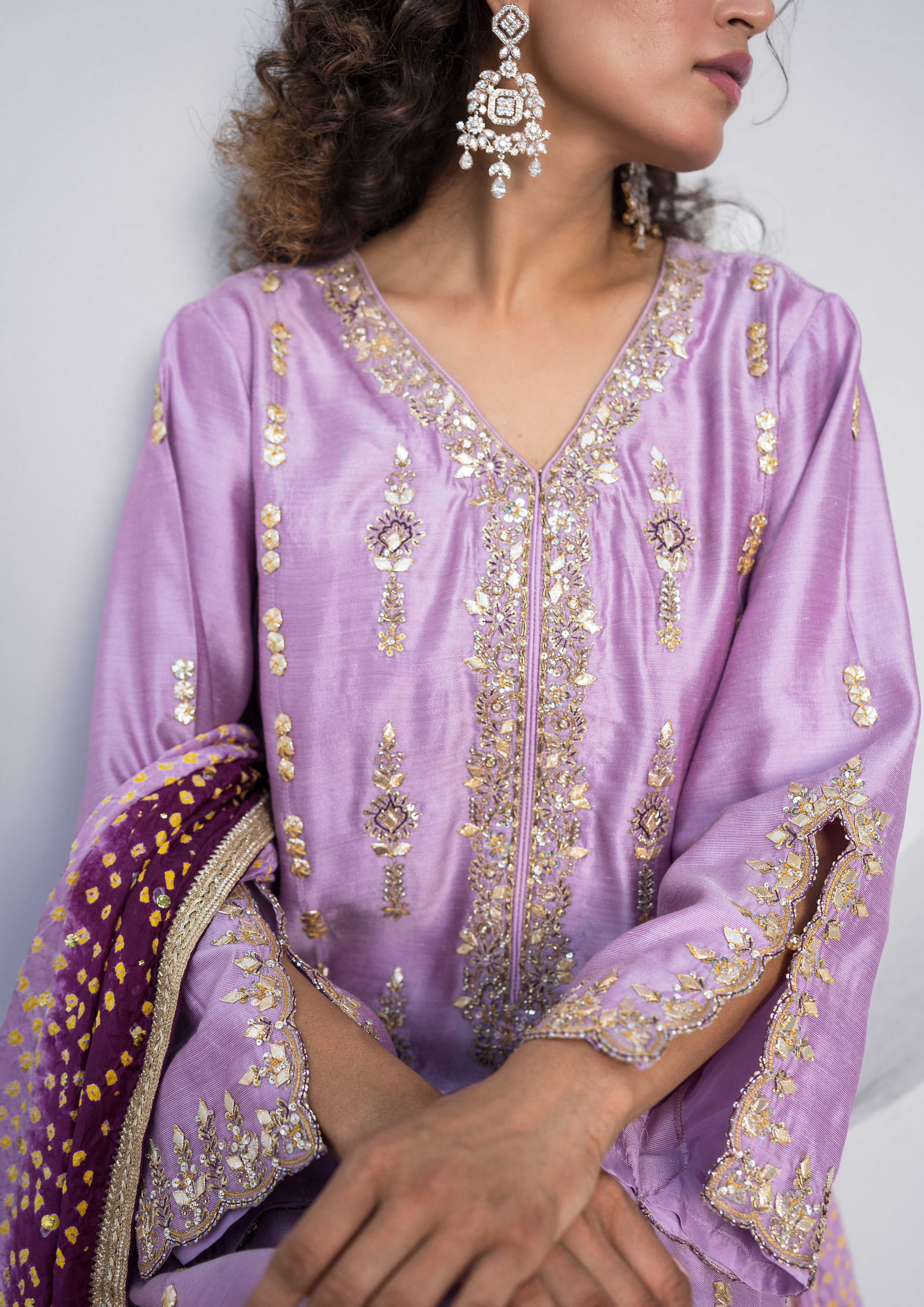Pakistani Lilac Embellished Khaddi Silk Salwar Kameez (3-Piece) - Image 3