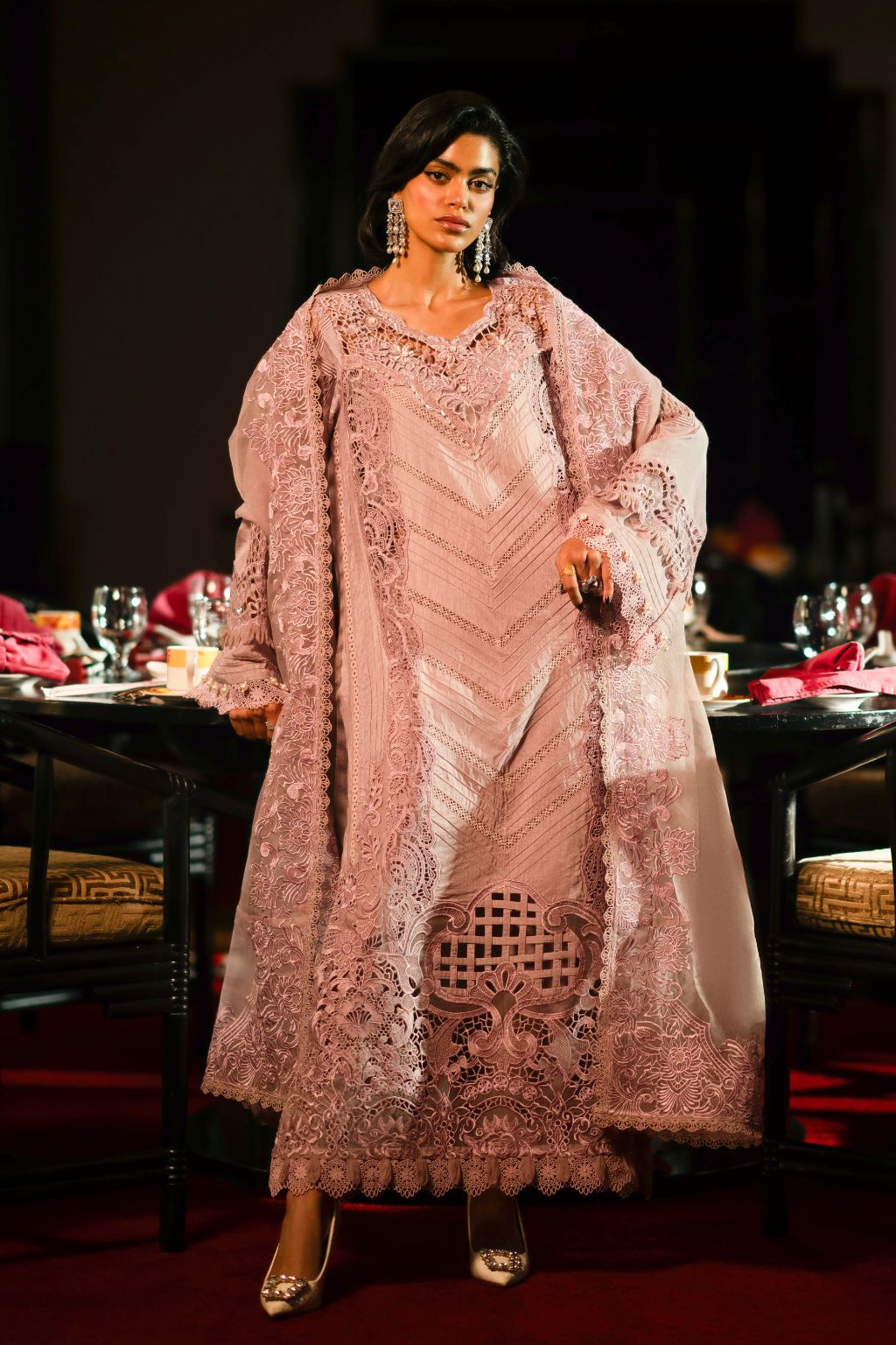 Pakistani Lavender Cutwork Embroidered Korean Raw Silk Salwar Kameez (3-Piece) - Image 1