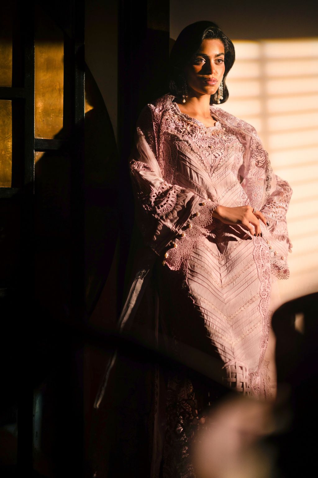 Pakistani Lavender Cutwork Embroidered Korean Raw Silk Salwar Kameez (3-Piece) - Image 3