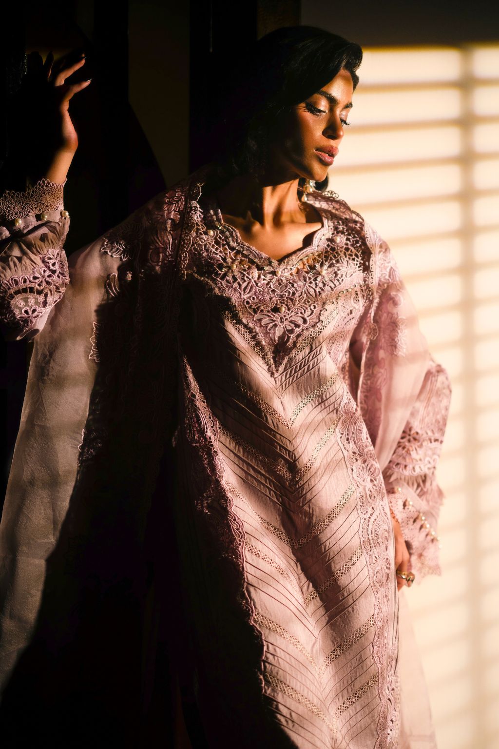 Pakistani Lavender Cutwork Embroidered Korean Raw Silk Salwar Kameez (3-Piece) - Image 4