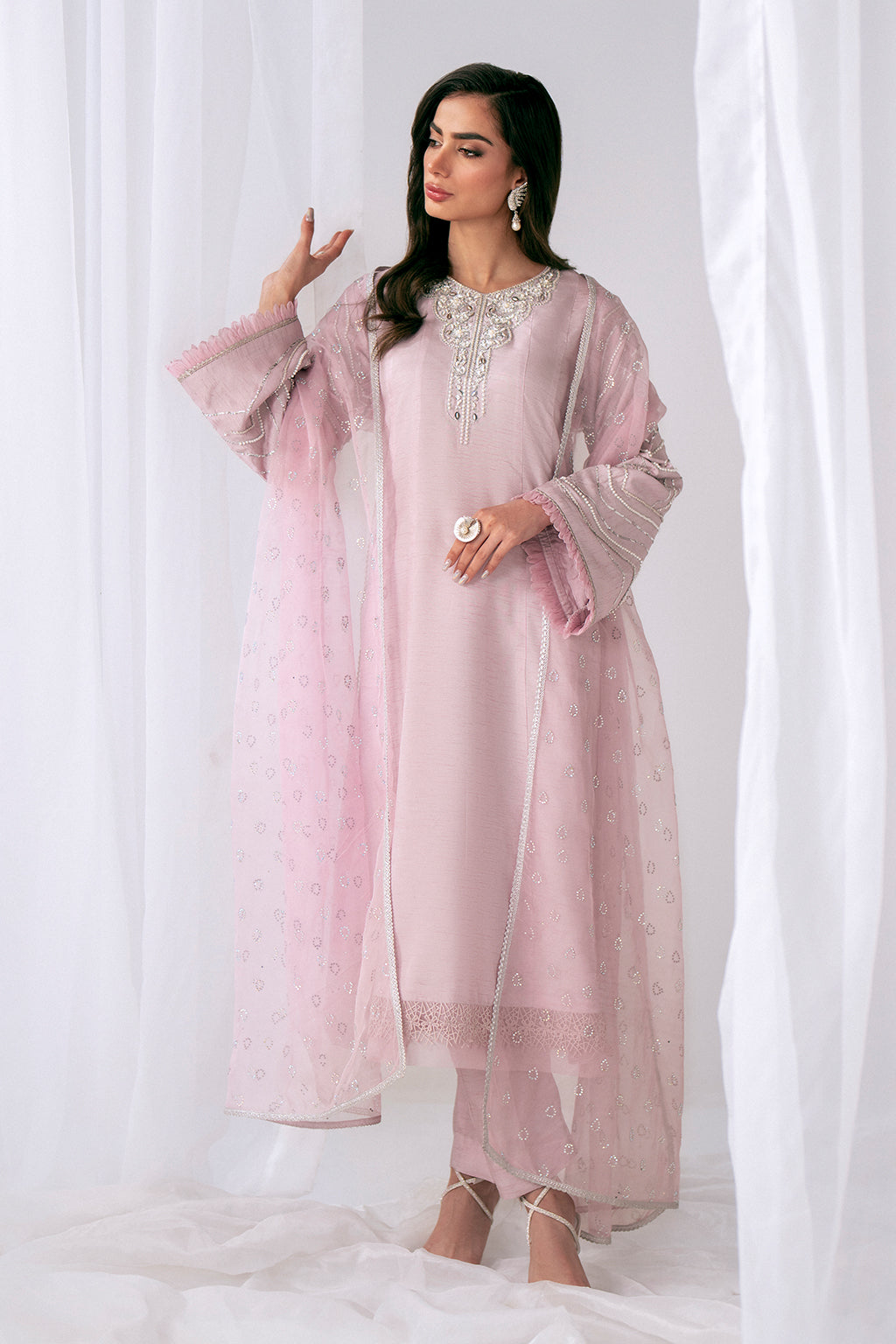 Lilac Swarovski Embellished Korean Raw Silk Salwar Kameez (3-Piece) - Image 1