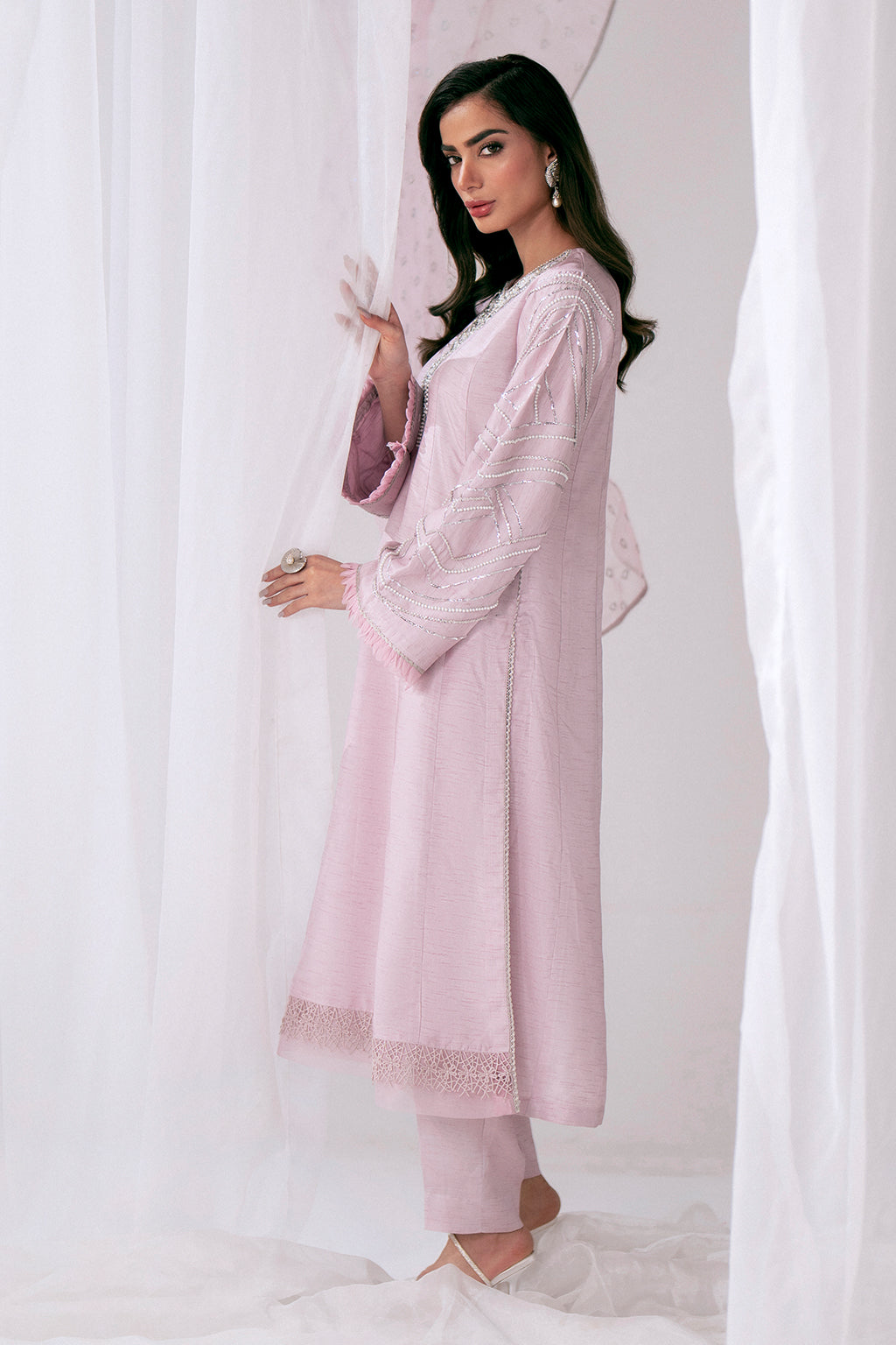 Lilac Swarovski Embellished Korean Raw Silk Salwar Kameez (3-Piece) - Image 4