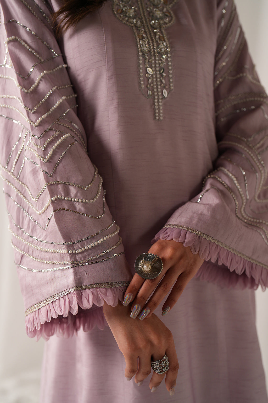 Lilac Swarovski Embellished Korean Raw Silk Salwar Kameez (3-Piece) - Image 5