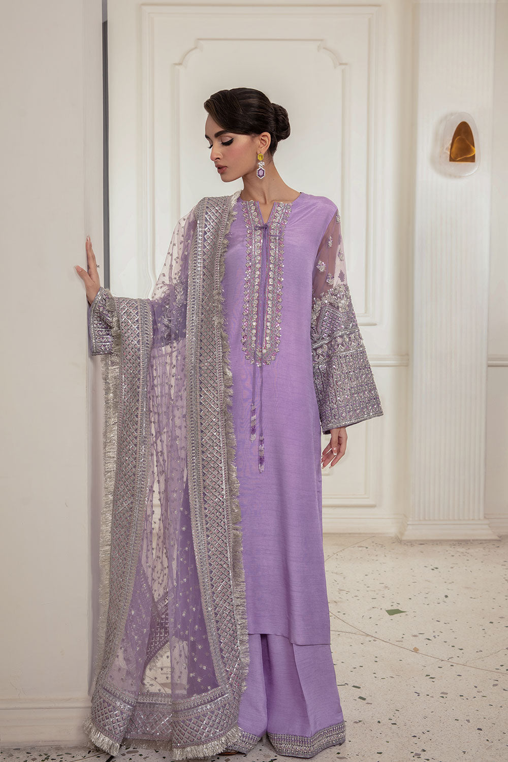 Lavender Hand-Embellished Korean Rawsilk Salwar Kameez (3-Piece) - Image 2