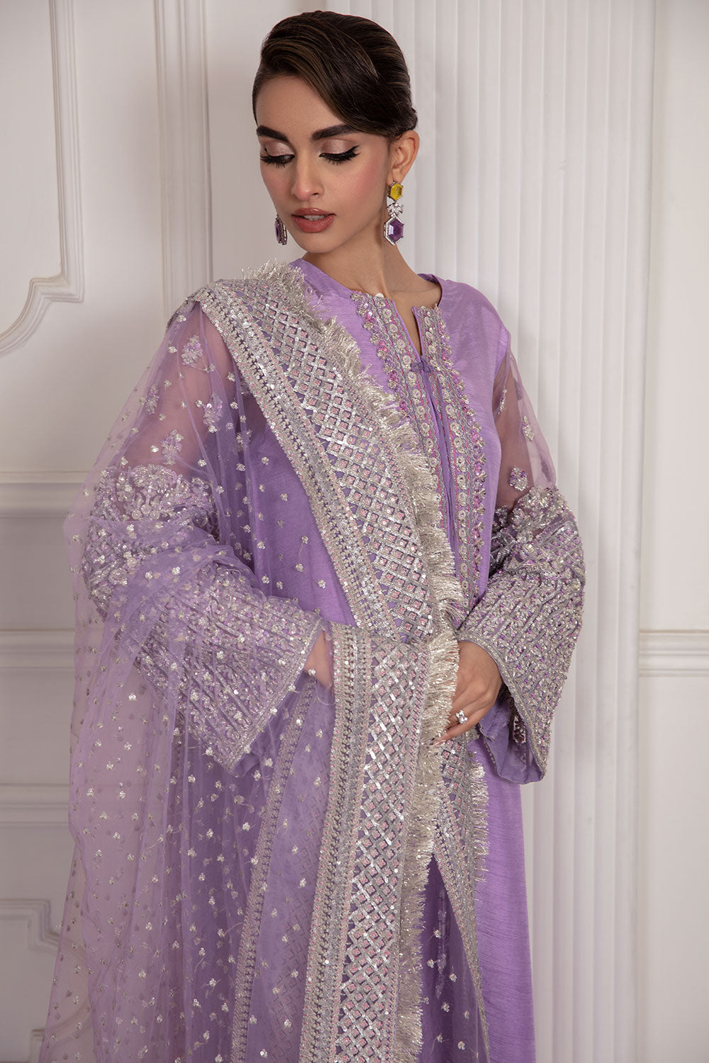 Lavender Hand-Embellished Korean Rawsilk Salwar Kameez (3-Piece) - Image 3