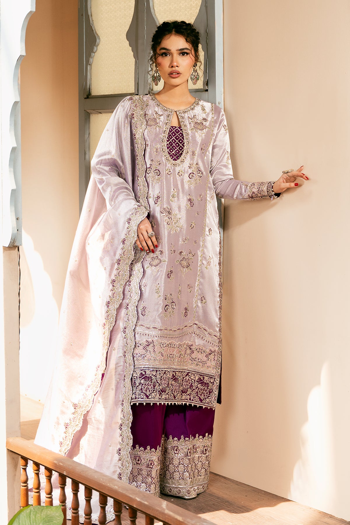 Pakistani Lavender Zardozi Masoori Silk Salwar Kameez (3-Piece) - Image 1