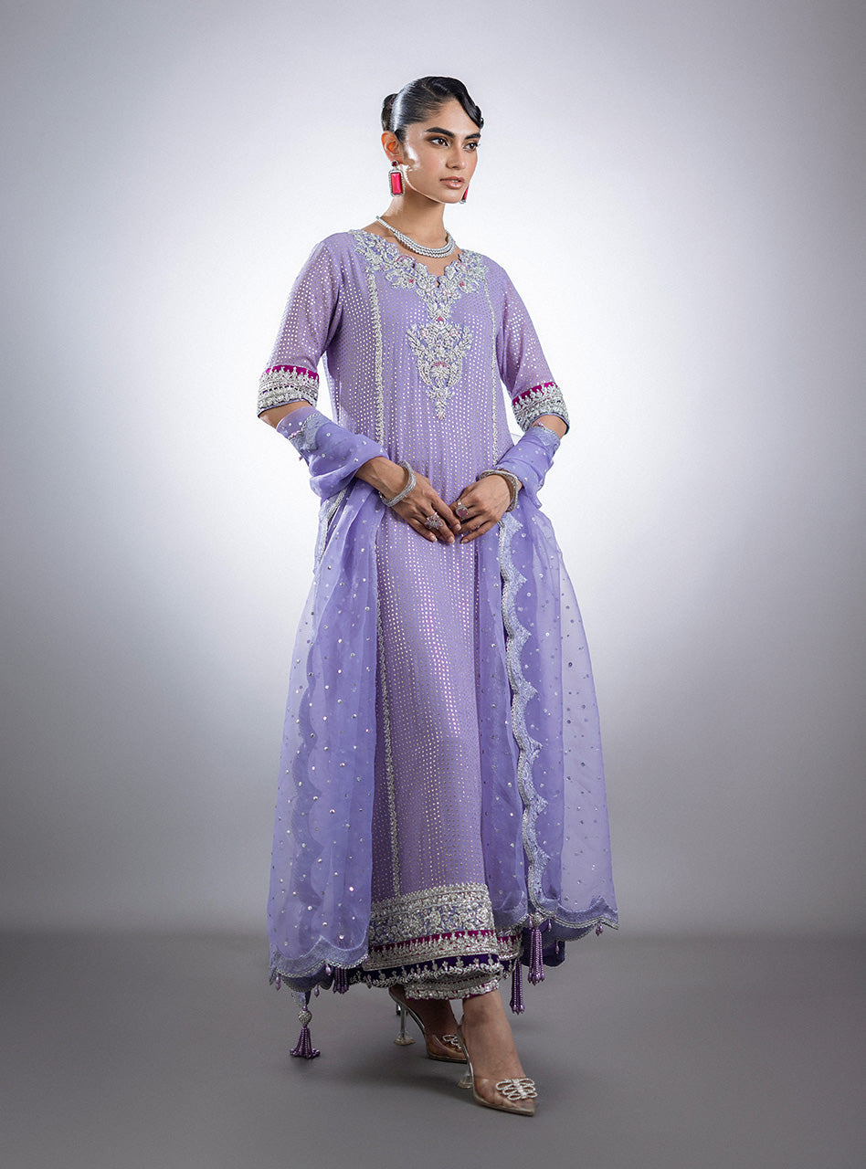Pakistani Lilac Mukesh Chiffon Salwar Kameez (3-Piece) - Image 1
