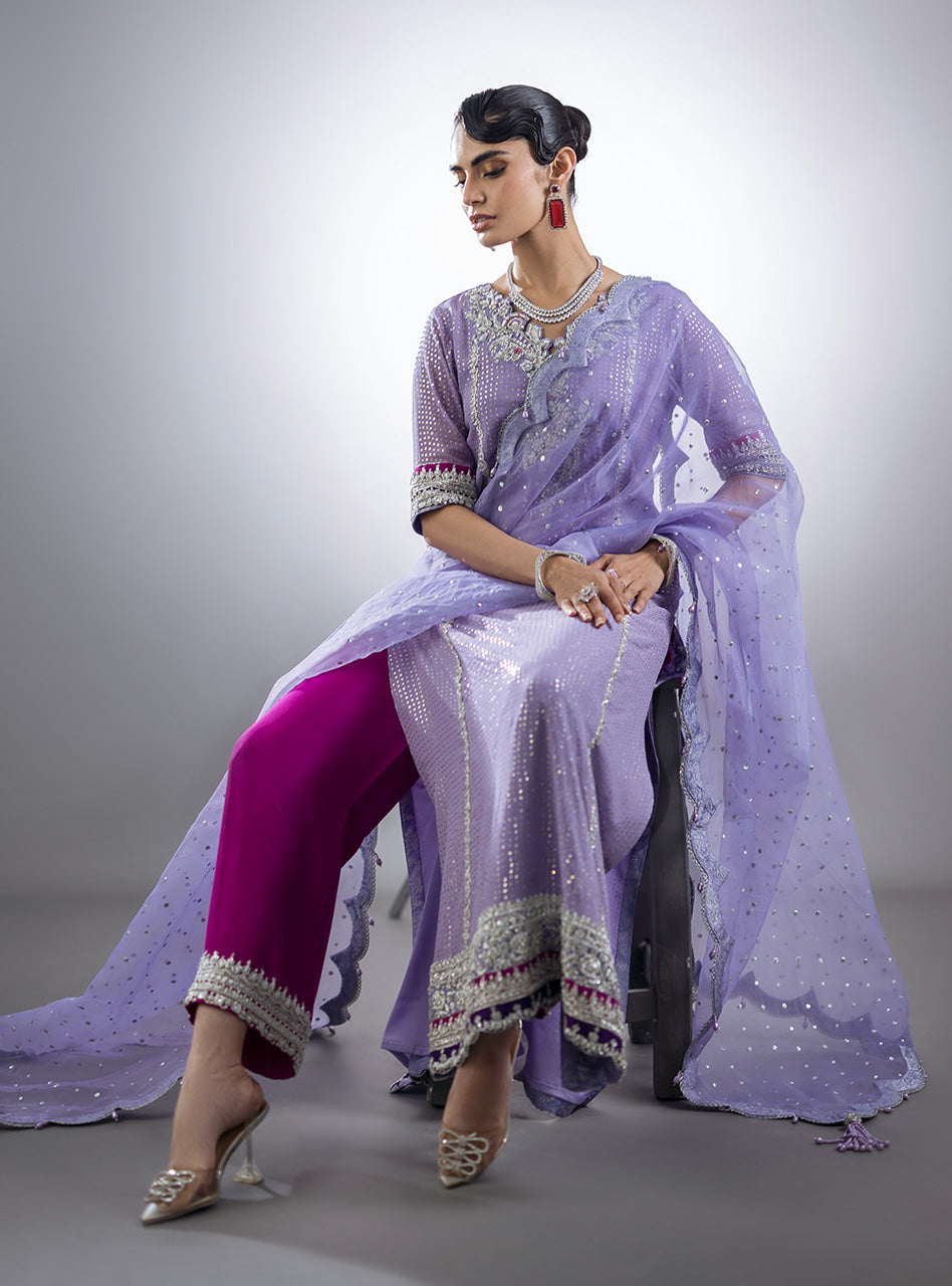 Pakistani Lilac Mukesh Chiffon Salwar Kameez (3-Piece) - Image 2