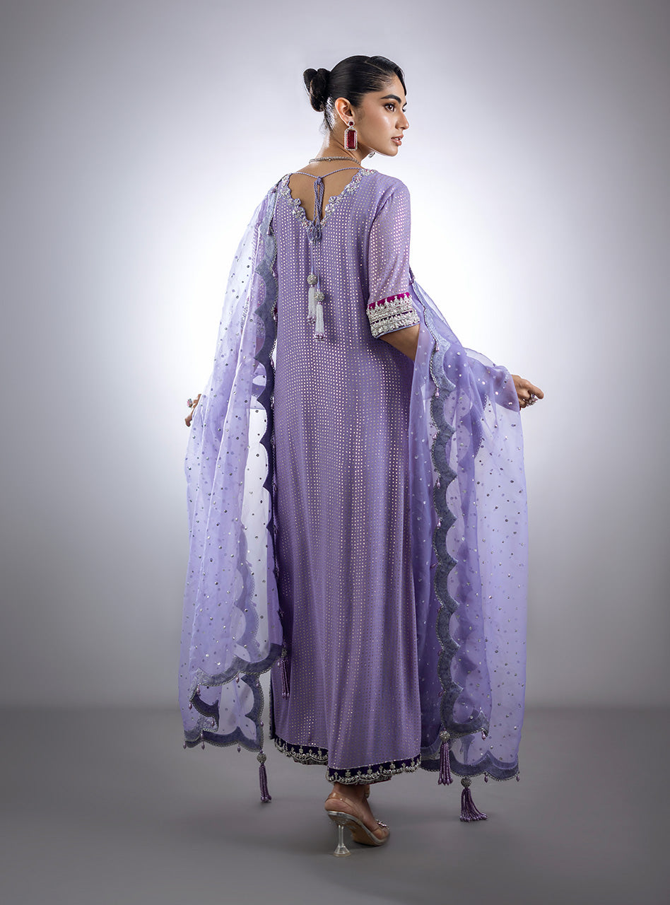 Pakistani Lilac Mukesh Chiffon Salwar Kameez (3-Piece) - Image 3