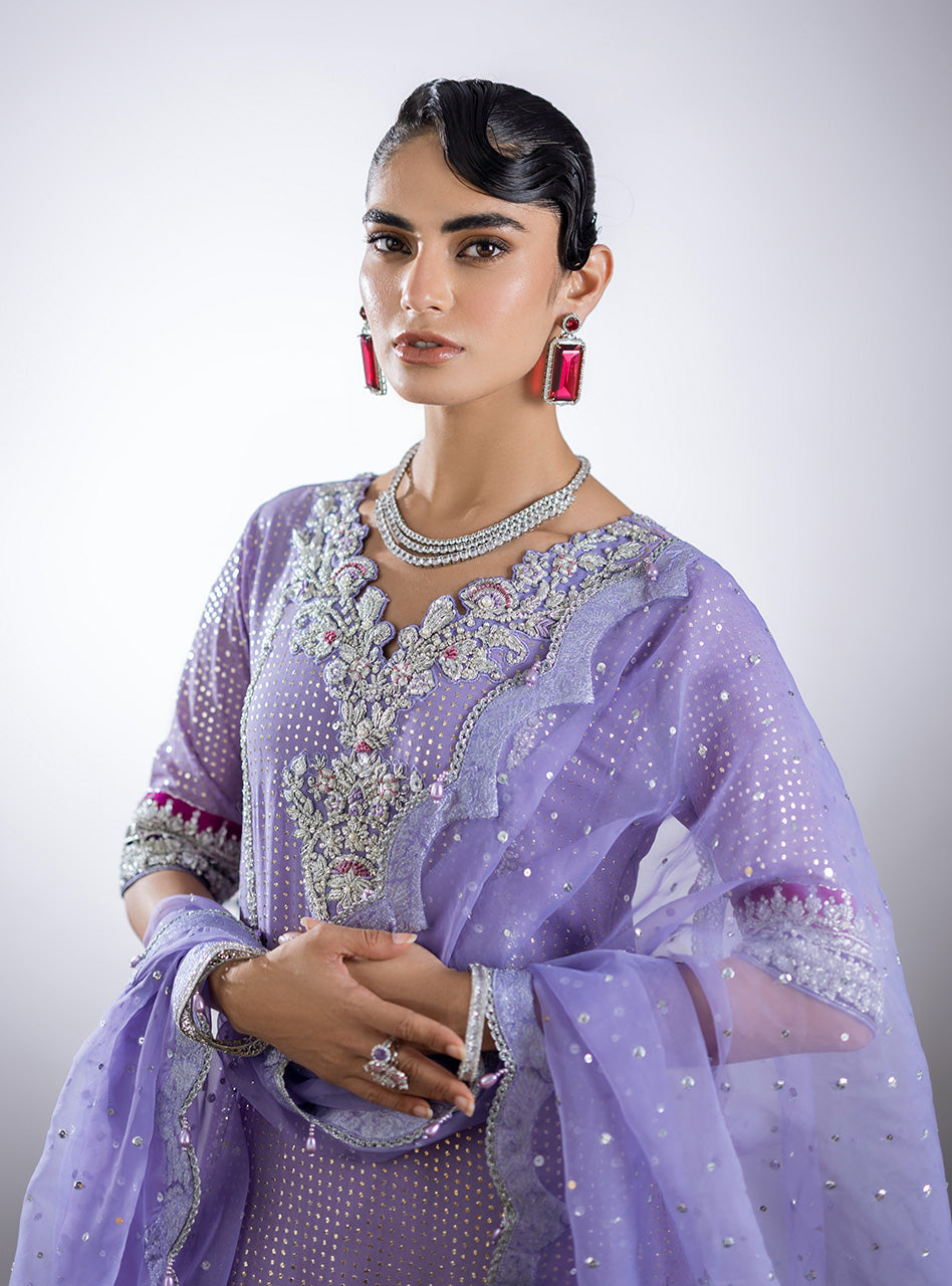 Pakistani Lilac Mukesh Chiffon Salwar Kameez (3-Piece) - Image 5