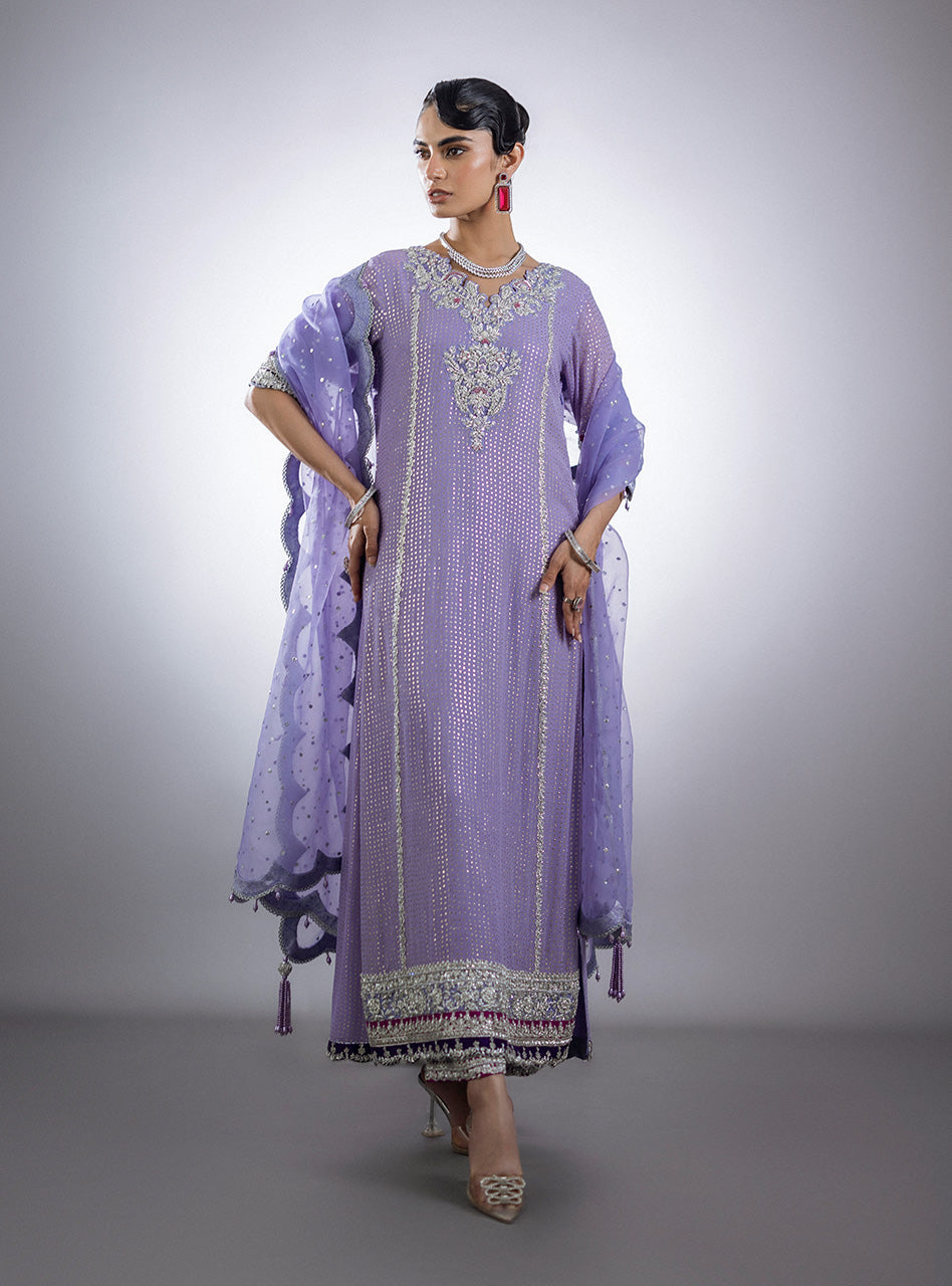 Pakistani Lilac Mukesh Chiffon Salwar Kameez (3-Piece) - Image 6