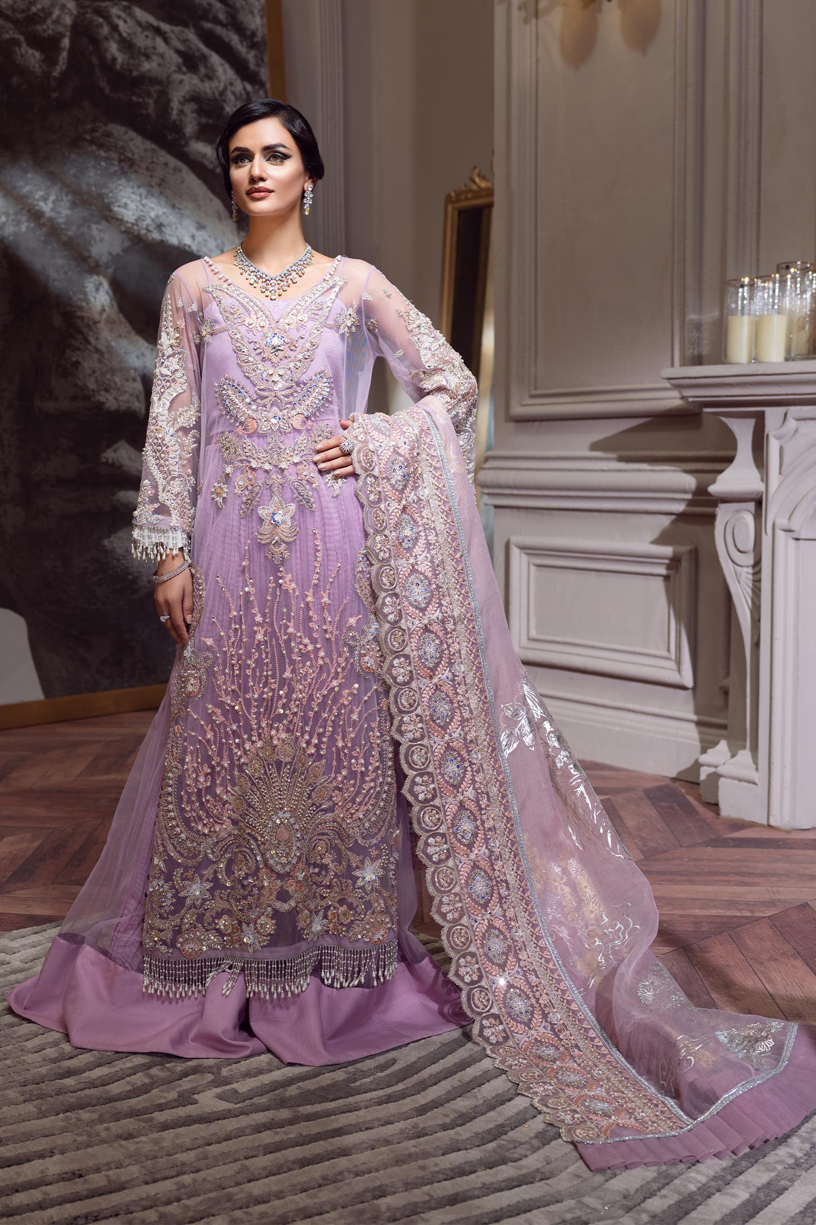 Lilac Sequinned Net Salwar Kameez (3-Piece) - Image 1