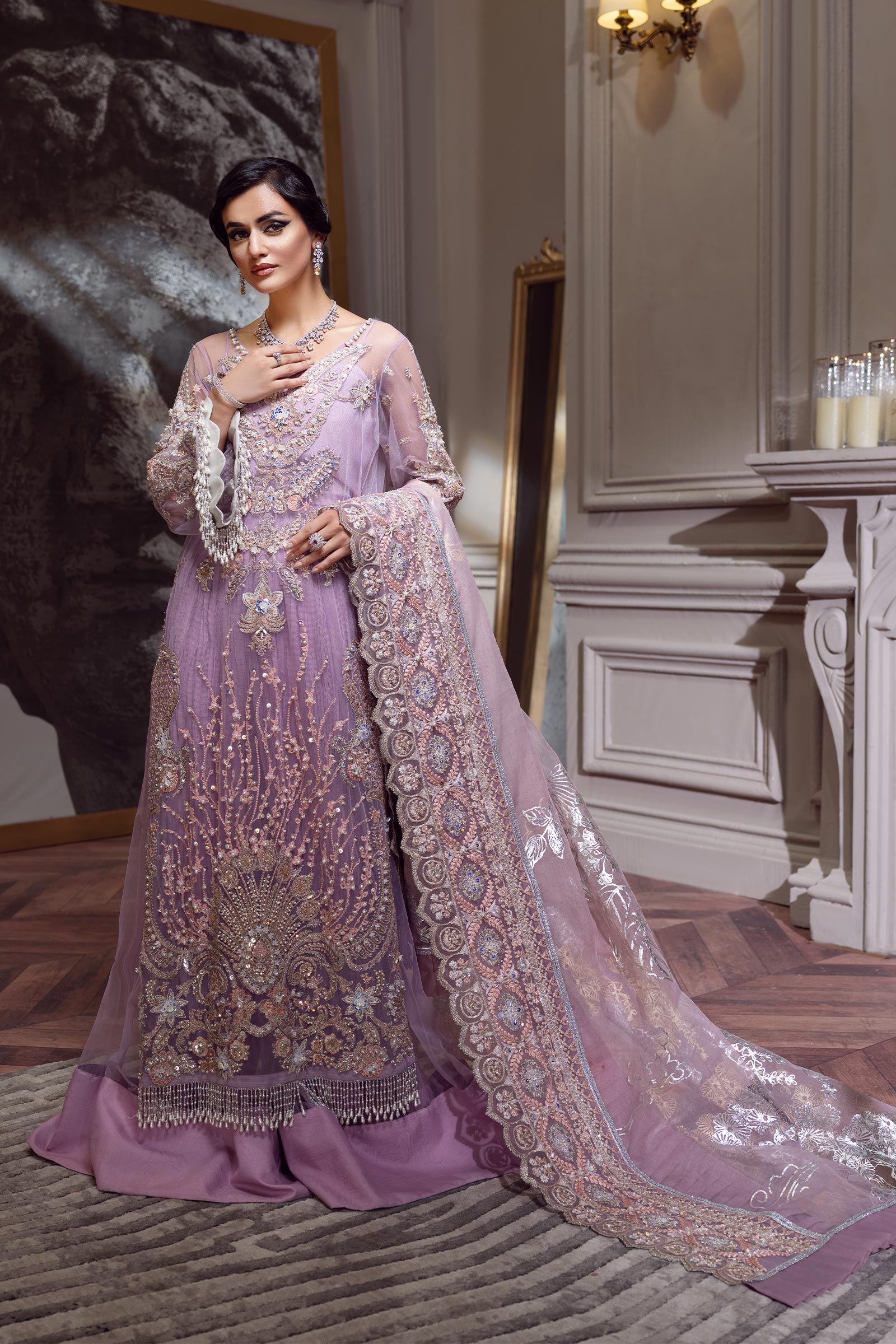 Lilac Sequinned Net Salwar Kameez (3-Piece) - Image 2