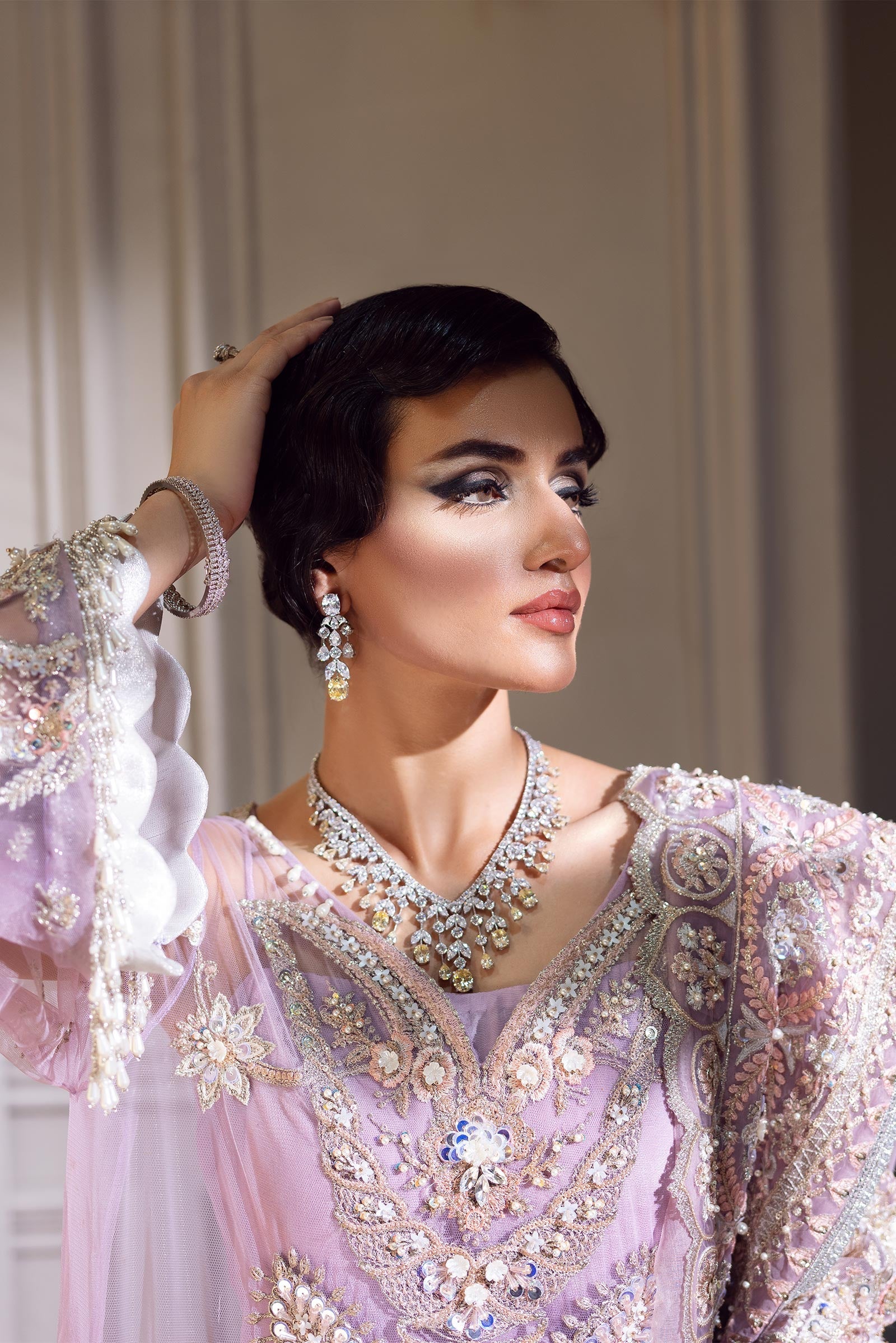 Lilac Sequinned Net Salwar Kameez (3-Piece) - Image 3